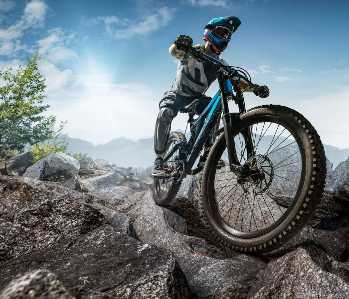 Kein Weg zu steinig: Hartgesottener Mountainbiker meistert einen Stone Trail. (Foto: AdobeStock - Alex 220371915)